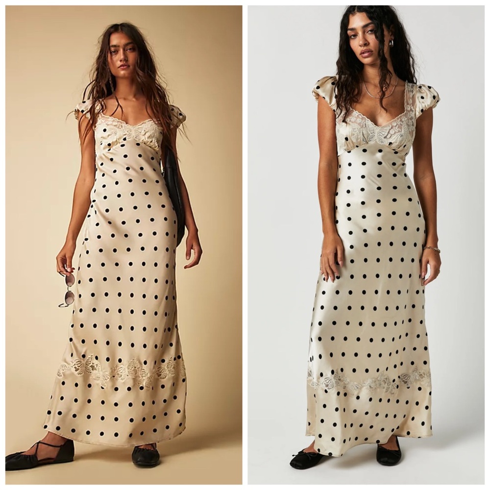 Free People Butterfly Babe Midi Dress Cream Black Polka Dot Large Tea Combo